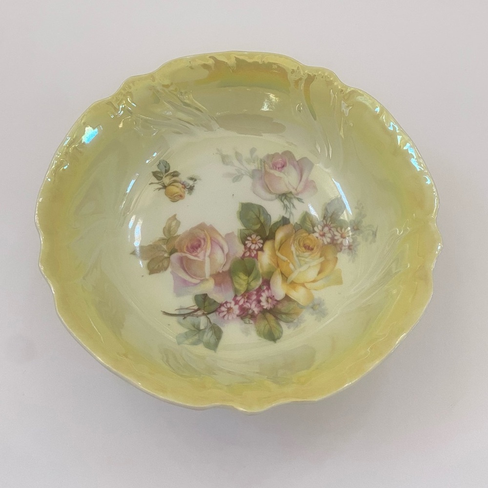 Antique Pink and Yellow Floral Bowl Scalloped Iridescent Finish Bavaria Germany